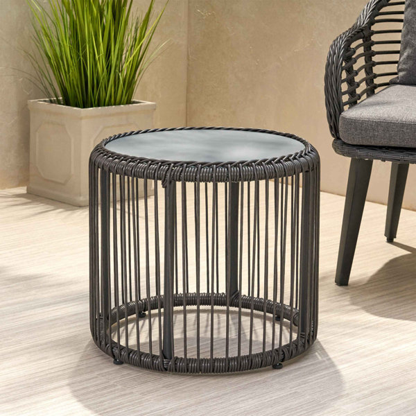 Ebern Designs Outdoor Wicker Side Table With Tempered Glass Top